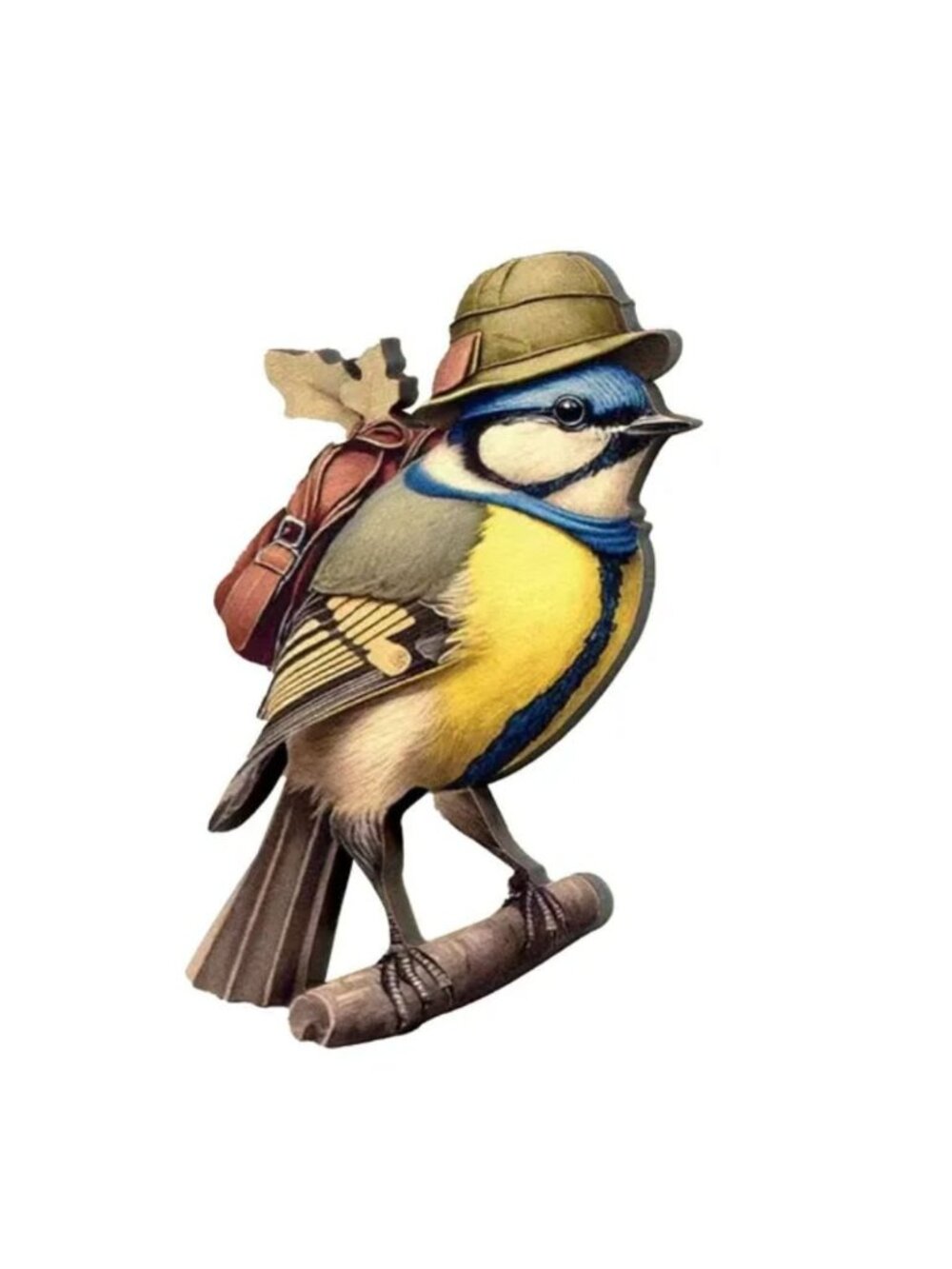 Whimsical Wooden Brooch Bird with Hat